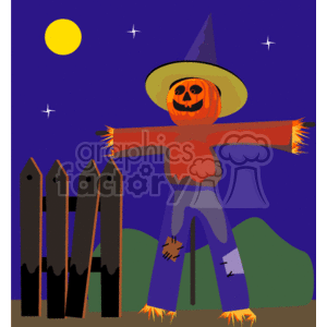 This clipart image features a Halloween theme set at night. It includes a scarecrow with a pumpkin head, wearing a witch's hat, and with straw extending from its arms and legs, standing beside a dark fence. In the background, a full moon and stars are visible in the dark blue night sky.