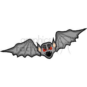 The clipart image shows a stylized cartoon bat, likely representing a vampire bat given the context of Halloween. The bat has large, open wings, an intimidating facial expression with red eyes and sharp fangs, which could possibly imply it is a bloodsucker or related to vampire folklore. Its colors are mainly black and gray with red eyes, adding to its scary and mean look, which is commonly associated with Halloween themes.