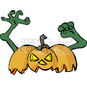 The image depicts the top half oa a stylized Halloween pumpkin with a scary face carved into it, commonly known as a jack-o'-lantern. The pumpkin has a pair of arms and legs suggesting movement or animation, with its arms raised in a menacing or spooky gesture. The pumpkin has yellow eyes and a mouth cut out to form a grimace, which is typical for a Halloween decoration, and the color scheme is very much in tune with traditional Halloween colors: orange for the pumpkin, green for the limbs, and black for the carved features.