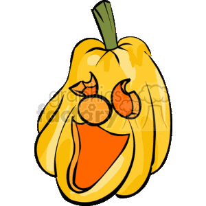 The image is a clipart of a Halloween pumpkin. The pumpkin is designed with a cartoonish style, featuring cut-out shapes for the eyes and the mouth, typical of a carved jack-o'-lantern. The pumpkin is colored in shades of yellow and orange, with a green stem on top.