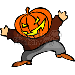 This clipart image features a stylized cartoon of a jack-o'-lantern pumpkin with a carved face sitting on a person's head. The pumpkin appears to be in an energetic or playful pose, suggesting movement or dancing, with one arm raised and a bent knee. The pumpkin has a traditional Halloween expression carved into it, with triangular eyes and a jaggedly smiling mouth. It is wearing what seems to be a brown shirt and gray pants with orange shoes.