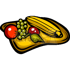 The clipart image depicts a bowl containing an assortment of vegetables, including a bunch of green grapes, a few red tomatoes, and some yellow bananas, all arranged neatly together.