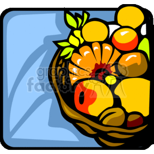 The clipart image shows a vibrantly colored fruit basket filled with various fruits. The basket appears to be woven, and the fruits include possibilities like oranges, apples, lemons, and perhaps a banana. There are also green leaves decorating the basket, adding to the festive and abundant look of the presentation. This image might be associated with Kwanzaa due to the traditional use of fruit to celebrate the harvest and the festival's principles which include unity, self-determination, collective work and responsibility, cooperative economics, purpose, creativity, and faith.