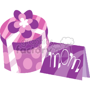 The clipart image features a stylized gift box with a flower on top and a card next to it. The gift box is decorated with stripes and polka dots, predominantly in shades of purple and pink. The card next to the gift box has the word Mom written on it, suggesting that the image is related to Mother's Day or a similar celebration honoring mothers.
