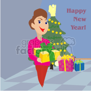 The clipart image depicts a person standing to the left, with a big smile on their face, holding a green and yellow gift with a ribbon. They are dressed in a pink top and red pants. In the background, there is a decorated Christmas tree with yellow lights, topped with a yellow angel. Multiple wrapped gifts are placed on the floor next to the tree. The background has a cool blue tone, and at the top, in festive text, it reads Happy New Year!