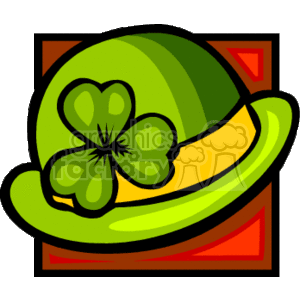 The clipart image contains a green bowler hat associated with St. Patrick's Day celebrations. On the hat, there is a four-leaf clover, which is considered a symbol of good luck. The clover is in a shade of green that's a bit lighter than the hat, making it stand out. The hat also has a yellow band around its base, adding a contrast to the green color. The background has a simple geometric pattern with squares and triangles, predominantly in red and orange tones, which adds a decorative frame to the main subject.