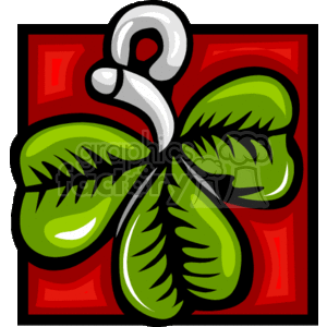 The clipart image depicts a stylized 3-leaf clover against a red background with decorative elements. The clover, typically a symbol of luck and associated with St. Patrick's Day, has vibrant green leaves with visible vein details and a glossy white highlight that gives it a three-dimensional look. The background includes a darker red border with geometric shapes and a lighter red center. It appears to have a metal clamp at the top, so it could also be jewelry 