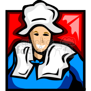 The image is a stylized clipart of a smiling woman dressed in clothing that is reminiscent of what a pilgrim woman might have worn during the early colonial period in America. She has a white bonnet on her head and her attire includes a blue dress with a white collar and cuffs. The use of bright colors and simple shapes gives the image a cheerful, cartoonish quality. It is framed against a black background with red corners.