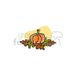 The clipart image depicts an orange pumpkin surrounded by brown leaves, symbolizing the autumn season and the Thanksgiving holiday.