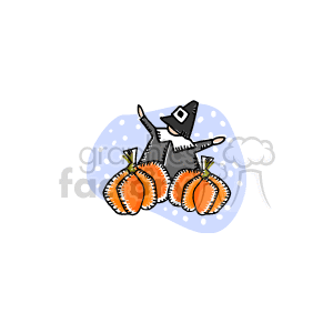 The image depicts a cartoon illustration related to Thanksgiving. It shows three orange pumpkins arranged in front with a character dressed as a pilgrim, donned with a black hat, jacket, and white collar, joyfully jumping behind them. The background has a simple pattern with small dots, suggesting a festive or decorative element.