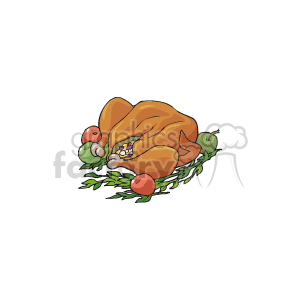 The clipart image features a roasted turkey with garnishes around it, which are commonly associated with Thanksgiving dinner. There are apples and herbs surrounding the turkey, and it appears to have stuffing inside, indicated by the colorful bits visible in the cavity of the turkey. 