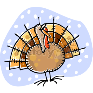 The clipart image features a whimsical cartoon turkey. The turkey has a round brown body with white spots, symbolizing its feathers. The tail feathers are depicted in a fan-like fashion with a pattern that suggests a stitched or patchwork design, in shades of brown and tan. The turkey also has a red wattle and beak, emphasizing its caricature look. There are snow-like dots against a light blue background, which may represent the onset of the colder season, although snow is not typically associated with Thanksgiving. The image generally carries a lighthearted and festive tone, commonly associated with the Thanksgiving holiday.
