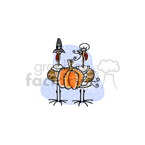 The clipart image features two cartoon turkeys. One turkey wears a pilgrim hat, and the other wears a cook's hat. They are standing beside each other with a plump orange pumpkin in front of them. The overall color theme includes orange and brown, with a white dotted background. Both turkeys appear to be in a festive mood, associated with the Thanksgiving holiday.