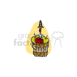 The clipart image depicts a barrel full of apples with a turkey popping out from inside it, wearing a pilgrim hat. In the background, there's a subtle yellowish shape that might suggest a simplified silhouette of a turkey or just a decorative element.