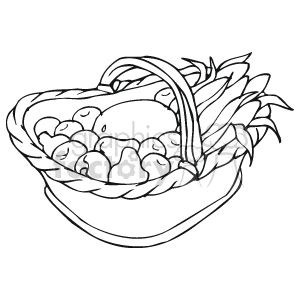 The clipart image depicts a wicker basket filled with various items that could be interpreted as food, commonly associated with Thanksgiving. The basket contains what appears to be a collection of fruits and vegetables, including several round items that could represent apples or oranges, and elongated items that might resemble ears of corn.