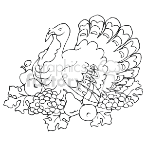 The clipart image features a stylized turkey with its tail feathers fanned out. It's surrounded by an assortment of what appear to be festive elements like fruits including grapes and apples, which are often associated with the cornucopia or harvest symbol traditionally linked to Thanksgiving celebrations.
