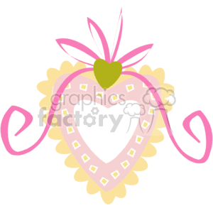 This clipart image features a decorative heart symbol associated with love and affection, which is commonly used for celebrations like Valentine's Day. The heart is adorned with a bow and has a doily-style edge, further embellishing it with a romantic motif. The pink and yellow color scheme enhances the festive and loving theme of the image. Additionally, there is a smaller green heart at the top, which appears to be part of the bow decoration.