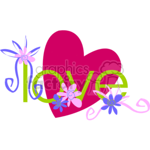 This clipart image features a large pink heart with the word love stylized in the center in green script. There are also stylized flowers in shades of pink, purple, and blue with green stems, appearing as decorative elements flanking the heart.