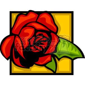 The clipart image features a stylized red rose with a green leaf, set against a yellow square background. The rose symbolizes love and is often associated with holidays like Valentine's Day.