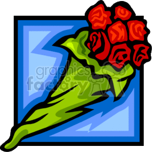 The clipart image shows a bouquet of red roses with green stems and leaves. The bouquet is stylized with bold outlines and bright colors, and it's set against a blue background with a lighter blue line pattern, giving it a graphic and vibrant look.