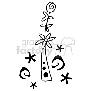 The image is a black and white clipart of a whimsical, stylized flower or plant with a tall stem, dotted details, and two flowers—one of which has a swirl pattern at its center. Surrounding the flower are various abstract shapes and swirls that might suggest movement or decoration.