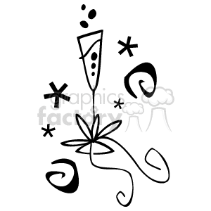 This clipart image features a stylized representation of a champagne glass with bubbles or fizz rising from it. Surrounding the glass are whimsical swirls, stars, and what might be interpreted as small flowers or decorative motifs that give a festive, celebratory feel to the graphic. 
