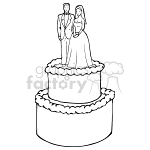 The clipart image depicts a traditional wedding cake topper featuring a bride and groom standing together on top of a multi-tiered wedding cake. The cake has decorative icing along each tier's edge.