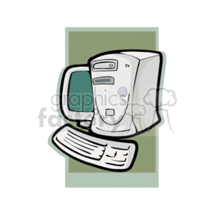 The clipart image shows a desktop computer setup which includes a computer monitor, a central processing unit (CPU) tower, and a keyboard. It represents the common components of a personal computer (PC) system.
