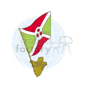The clipart image features the national flag of Burundi superimposed over an outline of the African continent with a stylized globe in the background. The Burundi flag is shown with a white diagonal cross dividing it into alternating red and green areas, with a white circle in the center containing three green six-pointed stars.