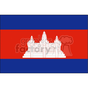 The image shows the national flag of Cambodia. It features two horizontal blue bands at the top and bottom, with a red band in the middle that's double the width of the blue bands. Centered on the red band is a white silhouette of Angkor Wat, the most famous historical site in Cambodia and a symbol of the country.