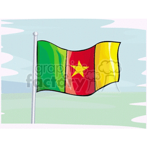 The clipart image features the national flag of Cameroon on a flagpole. The flag is depicted with three vertical stripes. From the left, the colors are green, red, and yellow, with a yellow star centered on the red stripe. 