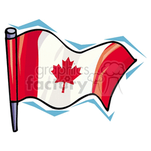 The image is a clipart illustration of the national flag of Canada. It features the distinctive white field with a red maple leaf in the center, flanked by two red vertical bands on each end of the flag. The flag is shown on a pole and appears to be waving, indicating motion.