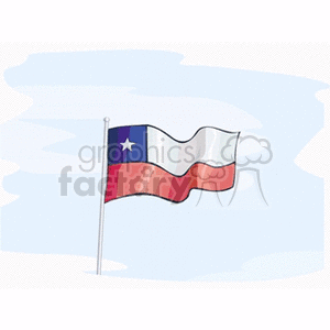 The image depicts a stylized representation of the national flag of Chile on a flagpole, waving in the air. The flag consists of two horizontal bands of white and red, with a blue square in the upper hoist-side corner containing a white five-pointed star.