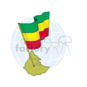 This clipart image features two flags, which are intended to represent the national flag of Ethiopia, positioned on a stylized map that appears to be a simple representation of the African continent. The image is set against a background that includes a faint global grid pattern, suggesting a worldwide or international context.