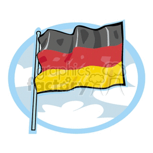 This clipart image features the national flag of Germany, depicted with its three horizontal bands of black, red, and gold colors. The flag is set against a blue sky with clouds in the background, suggesting it's flying in the breeze.