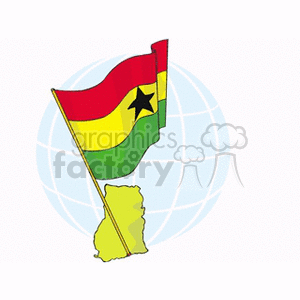 The clipart image features the national flag of Ghana depicted on a flagpole, with a stylized representation of the country's map in yellow-green below it. The background consists of a faint globe pattern, suggesting an international context.