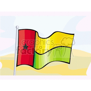 The image features a stylized version of the flag of Guinea-Bissau. The flag is depicted as waving and has vertical bands of red and green, with a yellow horizontal stripe running through the green band. A black star is centered on the red band.