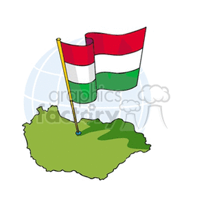 The image is a clipart that features the national flag of Hungary, rendered in its traditional colors red, white, and green. The flag is depicted on a pole that is planted into a simplified, green-colored outline of the country's map. In the background, there is a partial depiction of a globe, suggesting the international context or Hungary's place in the world.
