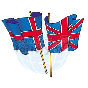 The image depicts three waving flags, with designs resembling that of the United Kingdom's Union Jack, set against a stylized backdrop of the globe. 