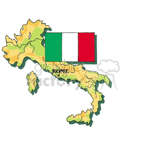 The clipart image depicts a stylized map of Italy in greenish and yellowish hues with the Italian national flag, featuring its characteristic green, white, and red vertical stripes, superimposed over the north-central region of the map. The word ROME is labeled in the western part of the peninsula, roughly corresponding to the location of the Italian capital.