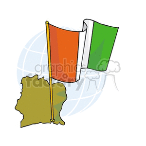 The clipart image features the national flag of Ivory Coast with a vertical tricolor of orange, white, and green. The flag is displayed in front of a stylized globe background with the outline of Ivory Coast shown in a brownish color on one side.