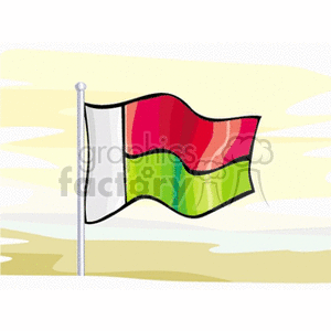 The image shows a stylized illustration of the flag of Madagascar depicted on a flagpole. The flag consists of two horizontal bands of red above green and a vertical white band on the hoist side. The background appears to be an abstract representation of a sandy landscape, possibly hinting at a beach or desert scenario.