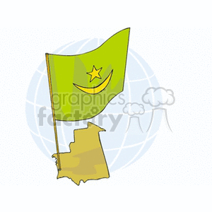 This clipart image features the flag of Mauritania, which is depicted with a star and crescent on a green background. It is set against a stylized depiction of the globe in the background. There is also a representation of the outline of the country of Mauritania beneath the flagpole.