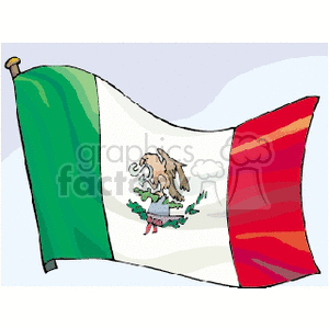 The image features a stylized illustration of the flag of Mexico. The flag is shown with its three vertical stripes of green, white, and red. In the center white stripe, there's a depiction of the Mexican coat of arms featuring an eagle perched on a prickly pear cactus and holding a snake in its beak.