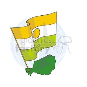 The clipart image depicts a stylized version of the national flag of Niger, featuring its characteristic orange, white, and green horizontal bands with an orange roundel in the white band. The flag is superimposed over a graphic suggesting a globe, indicating the international context of the flag. The outline of Niger's geographic shape is also present beneath the flag, rendered in green.