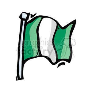 The image is a stylized cartoon-like clipart of a flag featuring two green vertical bands on either side of a white band in the center, which is characteristic of the Nigerian national flag. It depicts the flag attached to a flagpole and appears to be fluttering slightly.