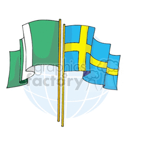The image is a clipart that features the national flags of Nigeria and Sweden crossed over each other against the backdrop of a faintly depicted globe. The Nigerian flag is depicted with its characteristic vertical green and white stripes, while the Swedish flag is shown with its iconic blue background and yellow Nordic cross.