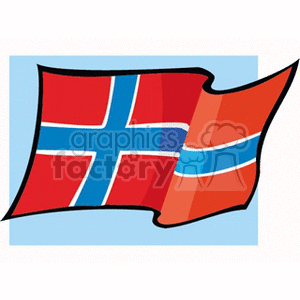 The image displays a stylized illustration of a waving flag of Norway, with a blue cross outlined in white on a red background.
