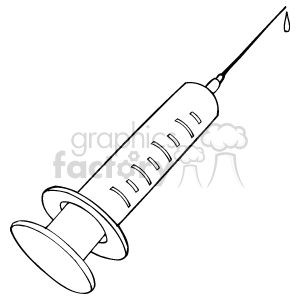 The image is a simple black and white clipart of a syringe. It shows a hypodermic needle attached to a barrel with a plunger at the end, commonly used for administering injections or withdrawing fluids in medical contexts.