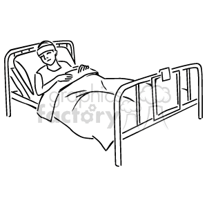 The clipart image depicts a person lying in a hospital bed. The patient appears to be reclining slightly and is covered with a blanket up to their chest. The bed has a visible side rail, which is often present on medical beds to provide safety for patients.